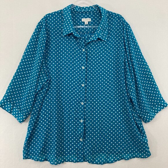 Susan Graver Top 2X Blue White Polka Dot Soft Flowy 3/4 Sleeve Chiffon Button Up - Picture 1 of 11